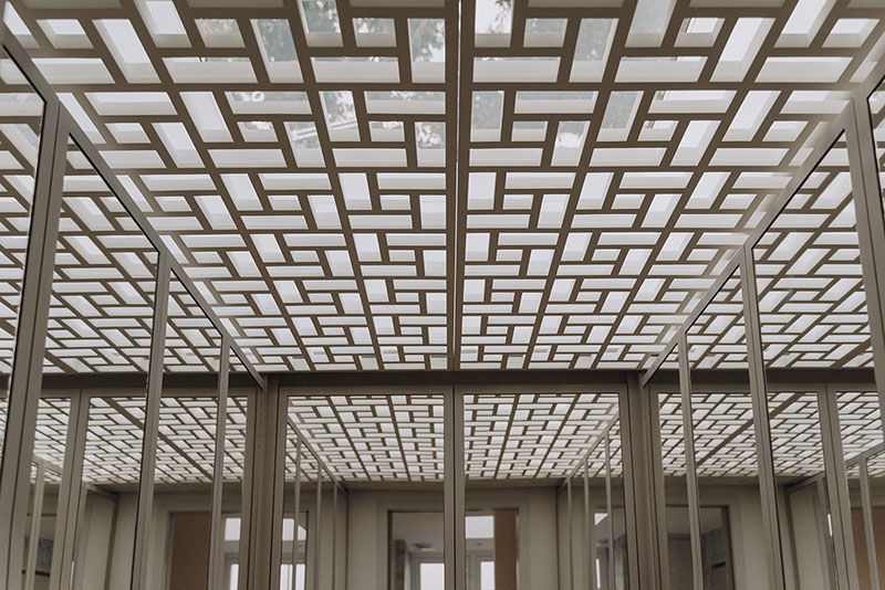 Detail of the geometric fretwork rooflight above the stairwell