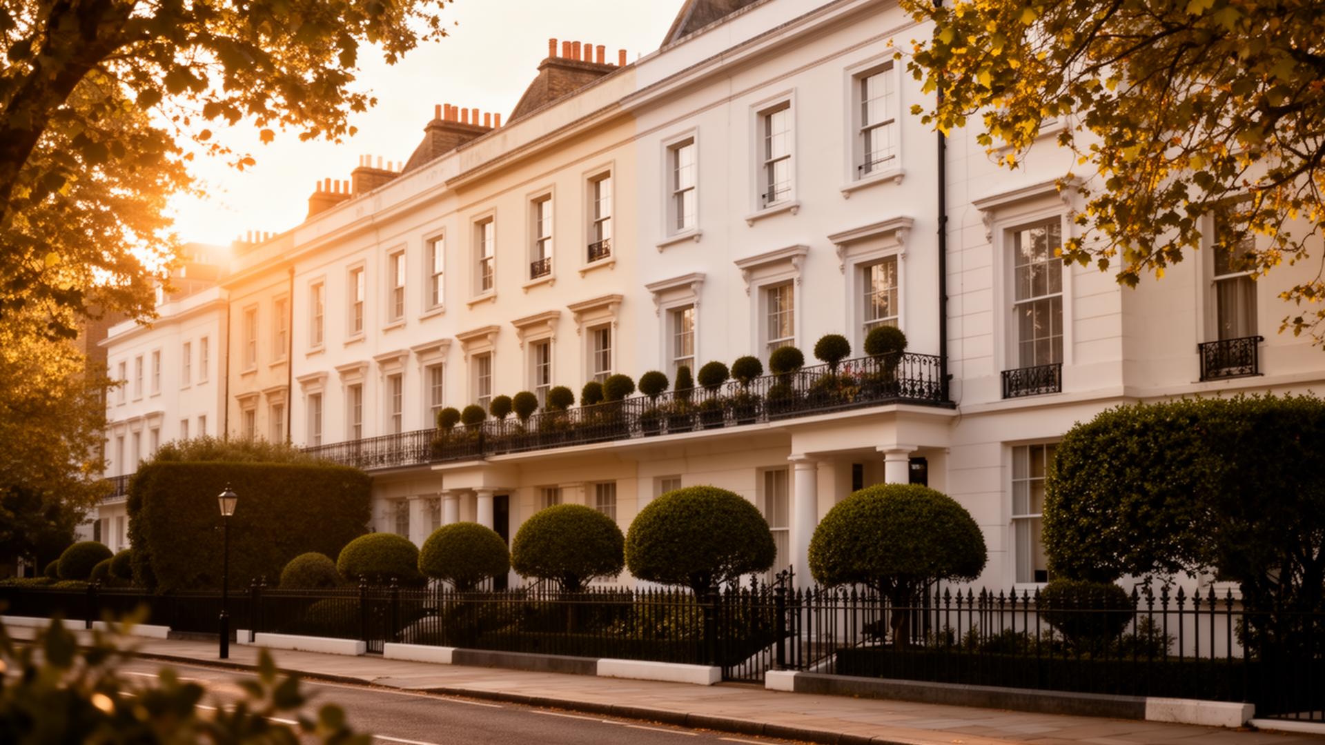 Premium London townhouse exterior at golden hour
