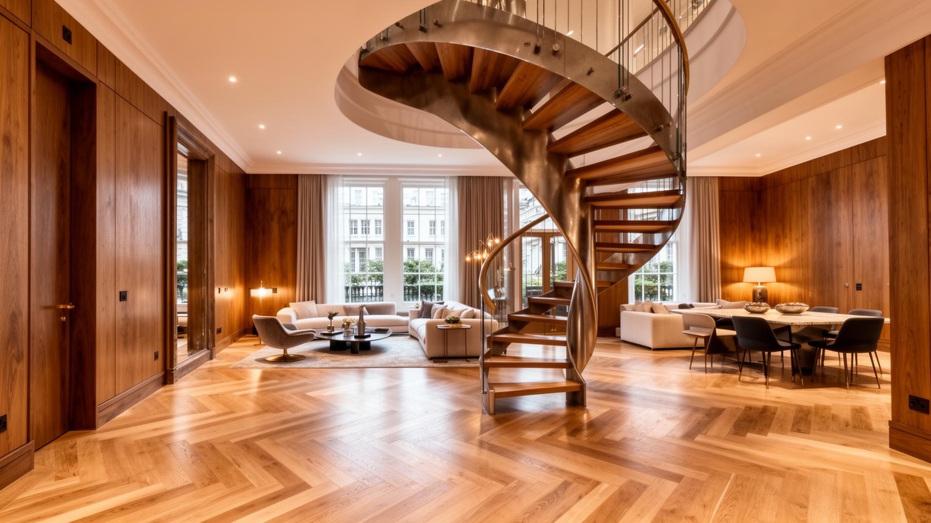 Luxury London home interior with herringbone floor and sculptural staircase